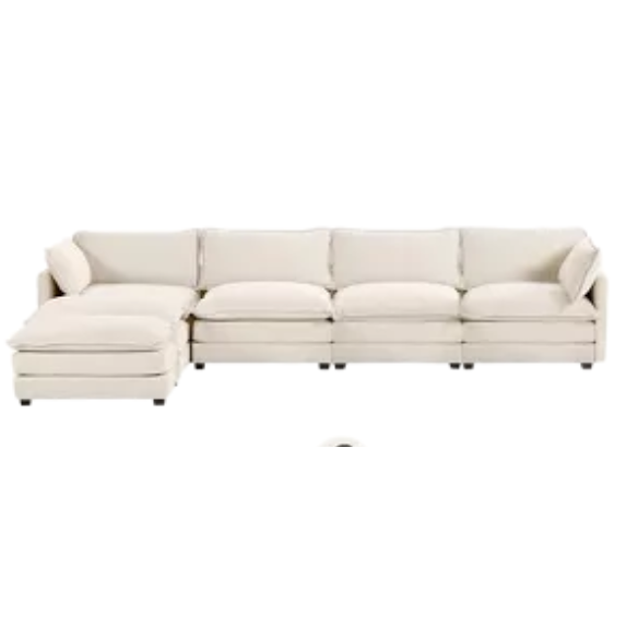 Beige corduroy 4-seat modular sectional sofa with two matching ottomans, featuring plush high-pile fabric, durable frame, and soft high-resilience cushions.