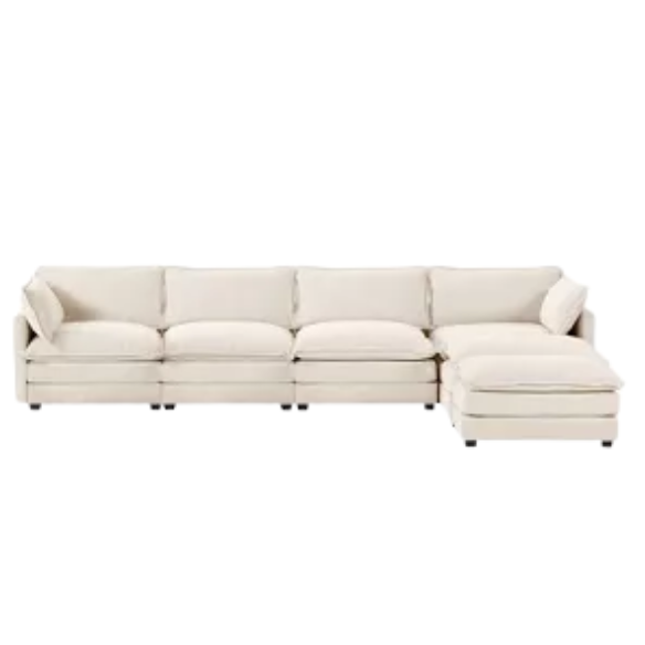 Beige corduroy 4-seat modular sectional sofa with two matching ottomans, featuring plush high-pile fabric, durable frame, and soft high-resilience cushions.