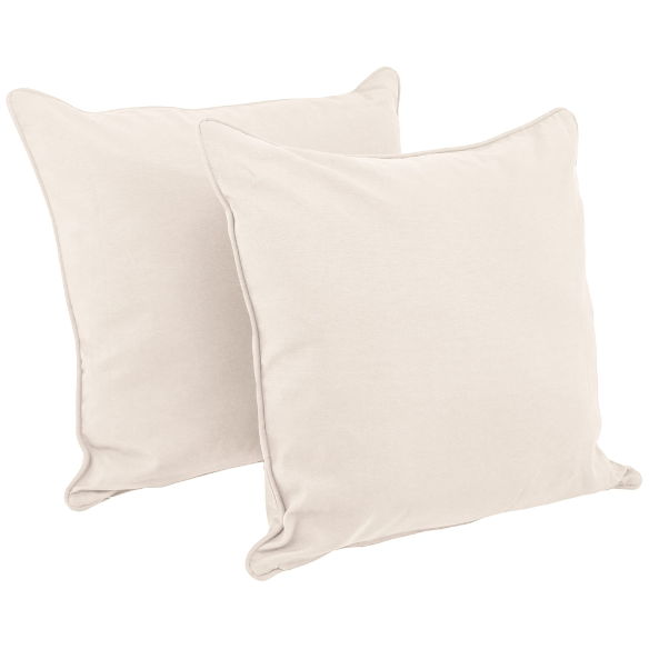 Set of 2 beige square throw pillows with corded edges and hidden zipper closure, made of soft cotton-blend twill fabric, perfect for modern and transitional home décor.