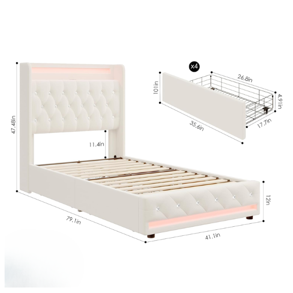 Beige twin upholstered bed frame with crystal button tufted wingback headboard, RGB LED lighting, built-in USB charging ports, and four under-bed storage drawers.