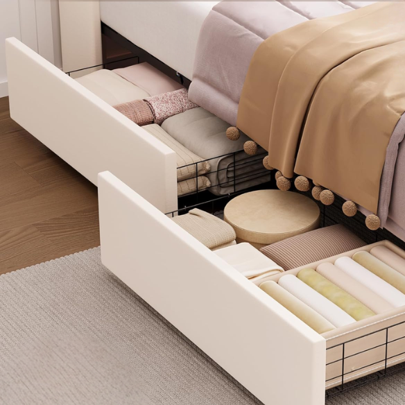 Beige twin upholstered bed frame with crystal button tufted wingback headboard, RGB LED lighting, built-in USB charging ports, and four under-bed storage drawers.