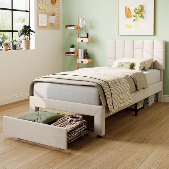 Beige twin upholstered platform bed with adjustable headboard and built-in footboard drawer, metal frame with underbed storage, modern design