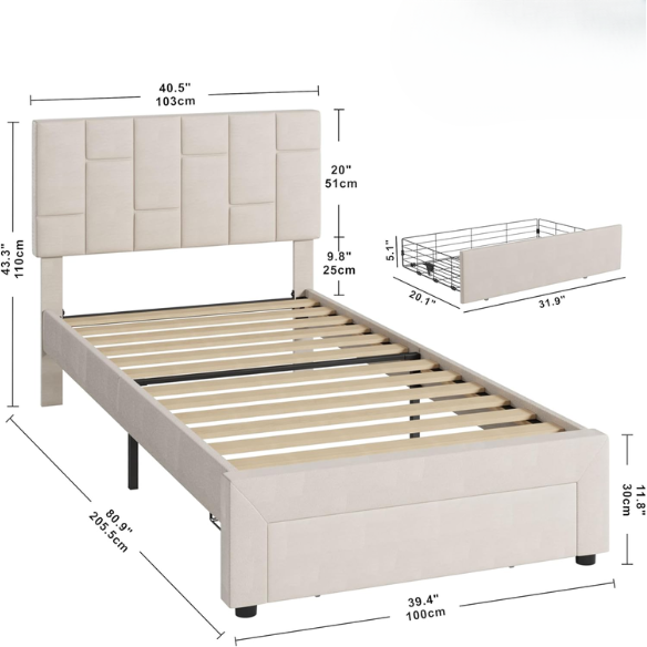 Beige twin upholstered platform bed with adjustable headboard and built-in footboard drawer, metal frame with underbed storage, modern design