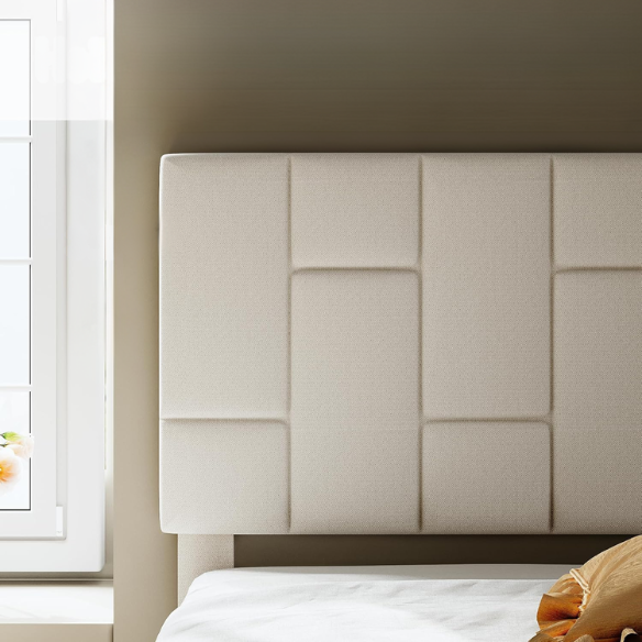 Beige twin upholstered platform bed with adjustable headboard and built-in footboard drawer, metal frame with underbed storage, modern design
