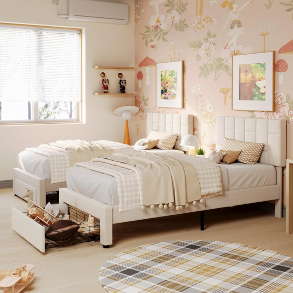 Beige twin upholstered platform bed with adjustable headboard and built-in footboard drawer, metal frame with underbed storage, modern design