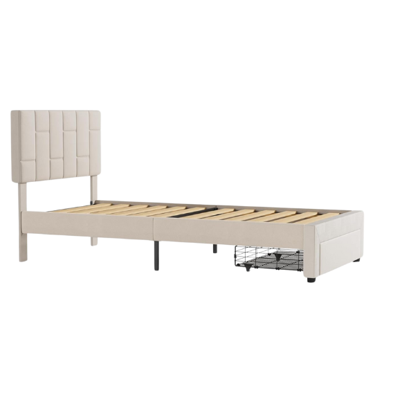 Beige twin upholstered platform bed with adjustable headboard and built-in footboard drawer, metal frame with underbed storage, modern design