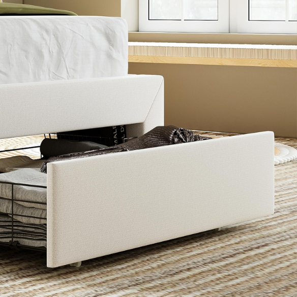 Beige twin upholstered platform bed with adjustable headboard and built-in footboard drawer, metal frame with underbed storage, modern design