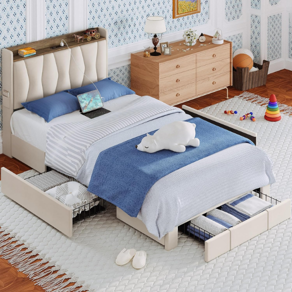 Beige twin upholstered platform bed with storage drawers, charging station, and padded headboard – modern no box spring bed frame for small spaces