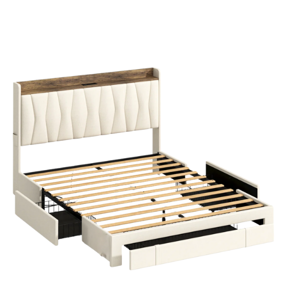 Beige twin upholstered platform bed with storage drawers, charging station, and padded headboard – modern no box spring bed frame for small spaces