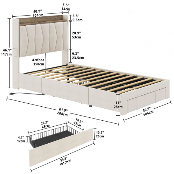 Beige twin upholstered platform bed with storage drawers, charging station, and padded headboard – modern no box spring bed frame for small spaces