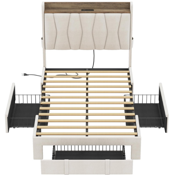 Beige twin upholstered platform bed with storage drawers, charging station, and padded headboard – modern no box spring bed frame for small spaces