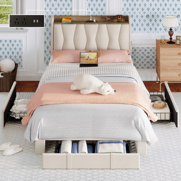 Beige twin upholstered platform bed with storage drawers, charging station, and padded headboard – modern no box spring bed frame for small spaces