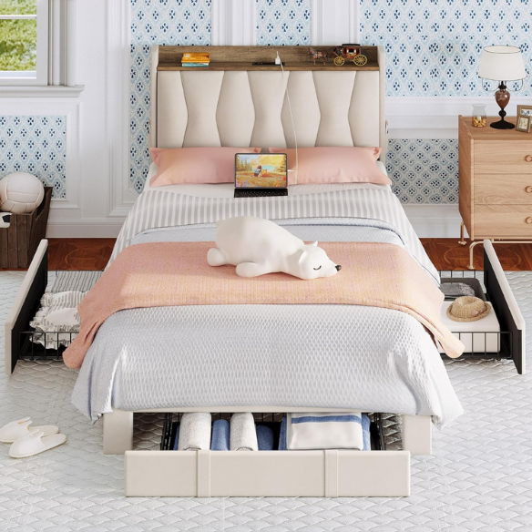 Beige twin upholstered platform bed with storage drawers, charging station, and padded headboard – modern no box spring bed frame for small spaces