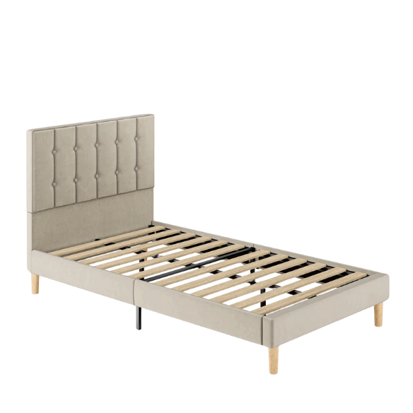 Beige twin bed frame with tufted velvet headboard, metal and wood construction, and 7.9-inch under-bed storage clearance.
