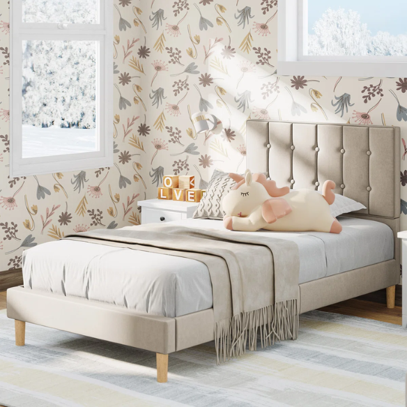 Beige twin bed frame with tufted velvet headboard, metal and wood construction, and 7.9-inch under-bed storage clearance.