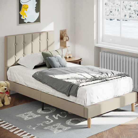 Beige twin bed frame with tufted velvet headboard, metal and wood construction, and 7.9-inch under-bed storage clearance.