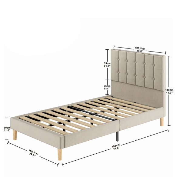 Beige twin bed frame with tufted velvet headboard, metal and wood construction, and 7.9-inch under-bed storage clearance.