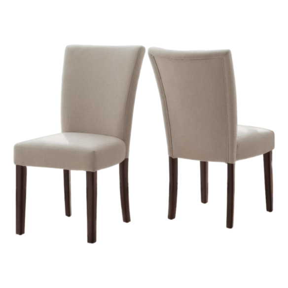 Set of 2 upholstered Parson dining chairs in beige fabric with espresso-finished wood legs and high backs, perfect for traditional and modern dining rooms.