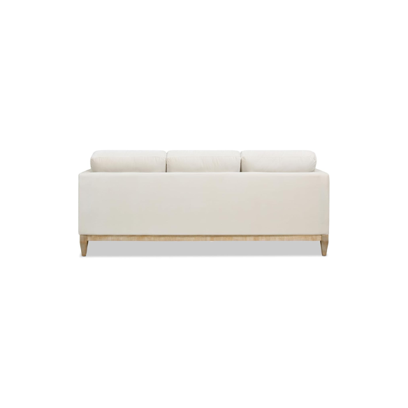 Beige velvet 3-seater sofa with square track arms, feather-down cushions, and natural wood legs, ideal for modern and transitional living rooms.