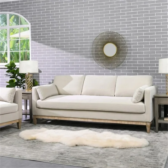 Beige velvet 3-seater sofa with square track arms, feather-down cushions, and natural wood legs, ideal for modern and transitional living rooms.