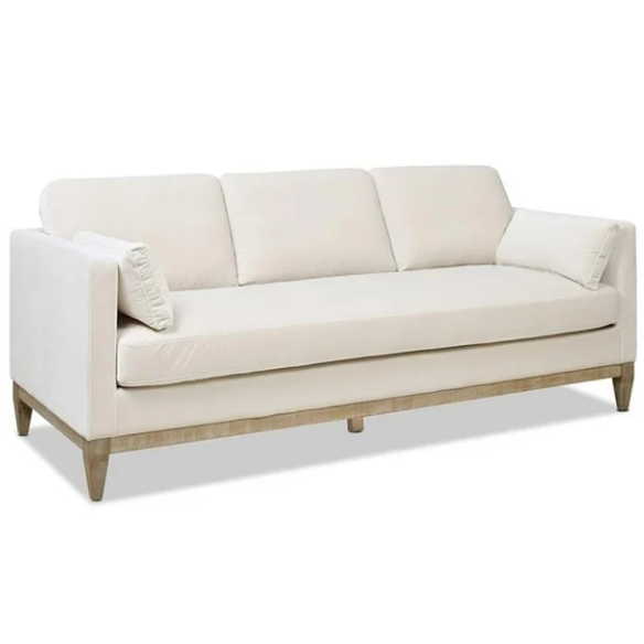 Beige velvet 3-seater sofa with square track arms, feather-down cushions, and natural wood legs, ideal for modern and transitional living rooms.