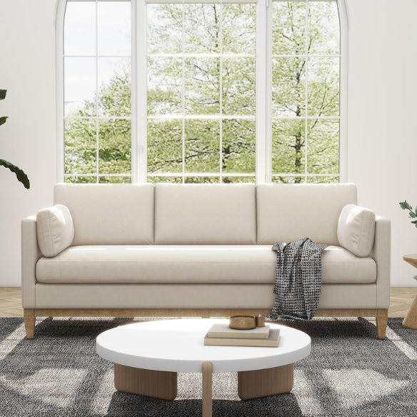 Beige velvet 3-seater sofa with square track arms, feather-down cushions, and natural wood legs, ideal for modern and transitional living rooms.
