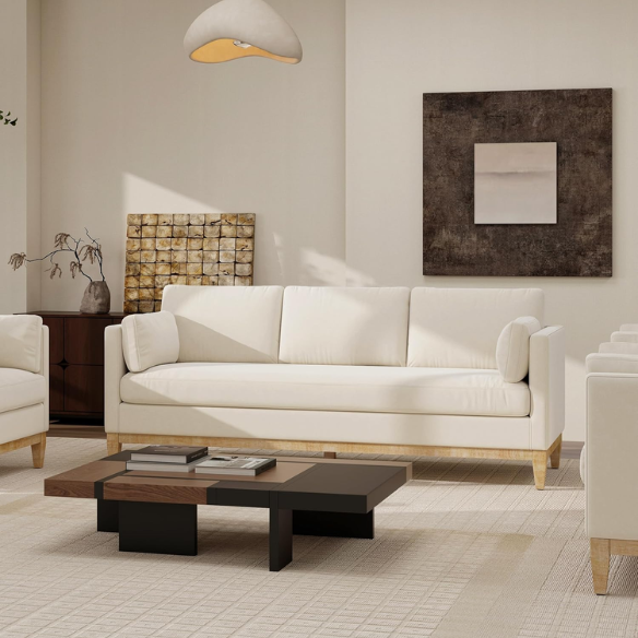 Beige velvet 3-seater sofa with square track arms, feather-down cushions, and natural wood legs, ideal for modern and transitional living rooms.