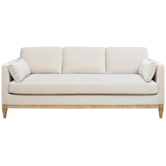 Beige velvet 3-seater sofa with square track arms, feather-down cushions, and natural wood legs, ideal for modern and transitional living rooms.