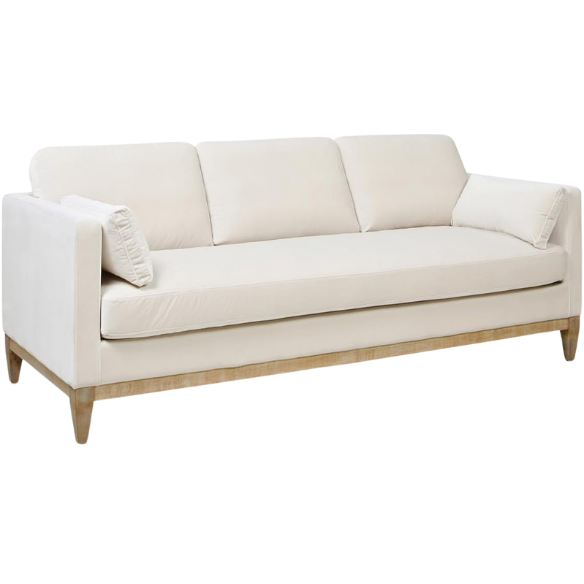 Beige velvet 3-seater sofa with square track arms, feather-down cushions, and natural wood legs, ideal for modern and transitional living rooms.