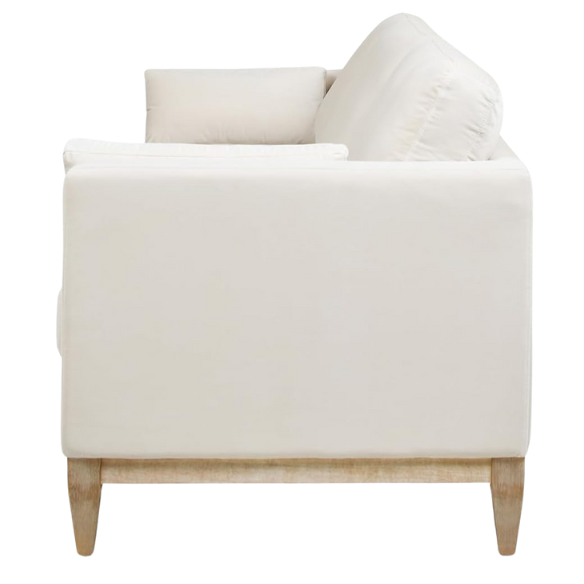 Beige velvet 3-seater sofa with square track arms, feather-down cushions, and natural wood legs, ideal for modern and transitional living rooms.