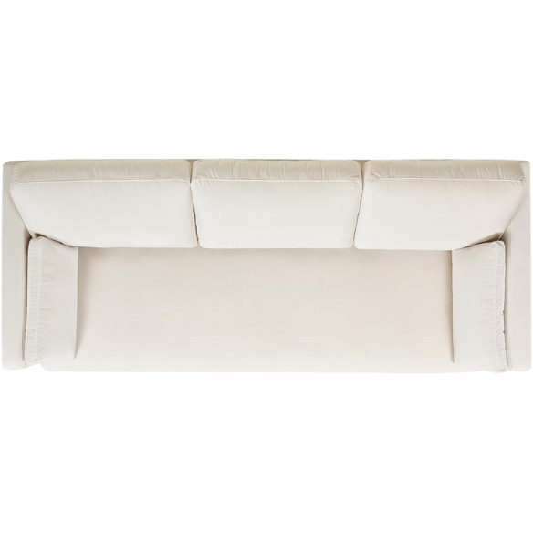Beige velvet 3-seater sofa with square track arms, feather-down cushions, and natural wood legs, ideal for modern and transitional living rooms.