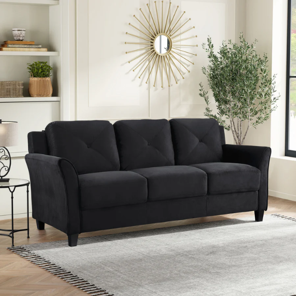 Modern 3-seater sofa upholstered in black microfiber with tufted back cushions, flared arms, and a durable eucalyptus wood frame – ideal for contemporary, transitional, or minimalist living rooms