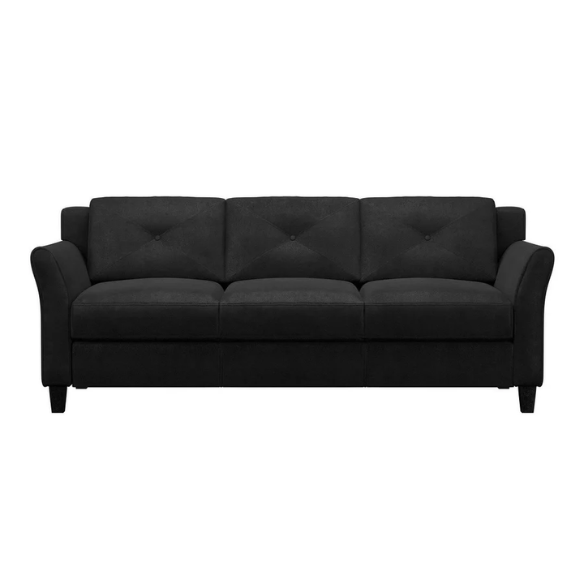 Modern 3-seater sofa upholstered in black microfiber with tufted back cushions, flared arms, and a durable eucalyptus wood frame – ideal for contemporary, transitional, or minimalist living rooms
