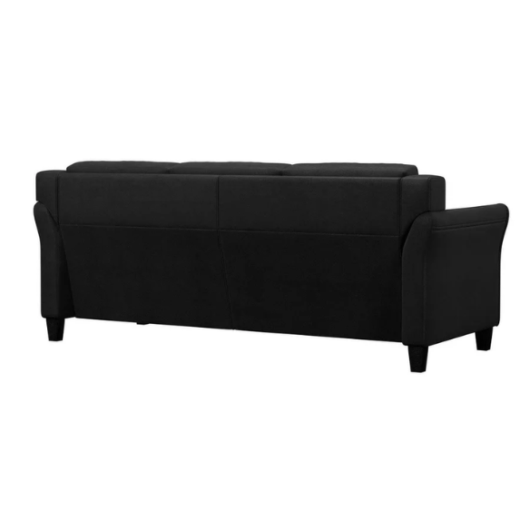 Modern 3-seater sofa upholstered in black microfiber with tufted back cushions, flared arms, and a durable eucalyptus wood frame – ideal for contemporary, transitional, or minimalist living rooms