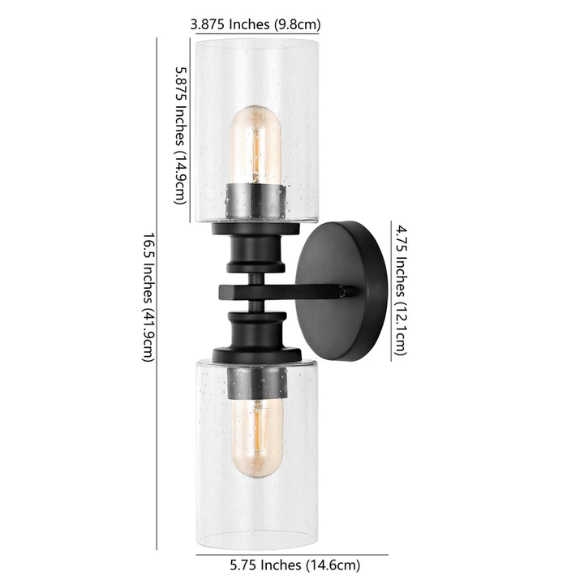 Art Deco-style black wall sconce with dual clear seeded glass cylinder shades and Edison-style LED bulbs, suitable for bathroom or hallway lighting