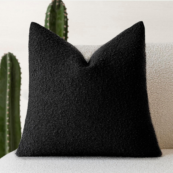 Black boucle throw pillow cover with soft loop texture, 18x18 inches – cozy modern accent for sofa, bed, or armchair