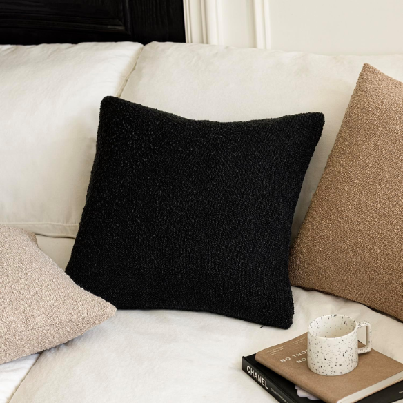 Black boucle throw pillow cover with soft loop texture, 18x18 inches – cozy modern accent for sofa, bed, or armchair