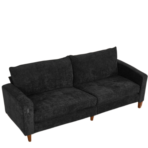 Modern black chenille loveseat with tufted back, square arms, wood legs, USB charging ports, and removable cushions—perfect for contemporary or transitional interiors