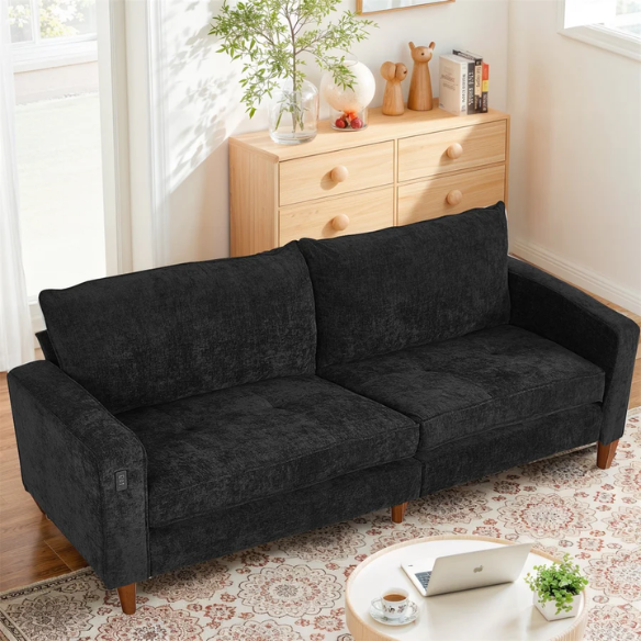 Modern black chenille loveseat with tufted back, square arms, wood legs, USB charging ports, and removable cushions—perfect for contemporary or transitional interiors