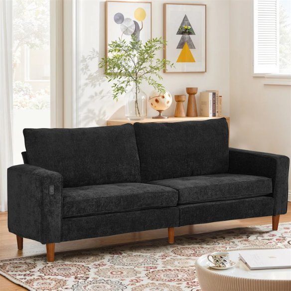 Modern black chenille loveseat with tufted back, square arms, wood legs, USB charging ports, and removable cushions—perfect for contemporary or transitional interiors