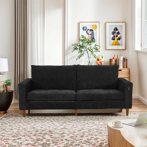 Modern black chenille loveseat with tufted back, square arms, wood legs, USB charging ports, and removable cushions—perfect for contemporary or transitional interiors