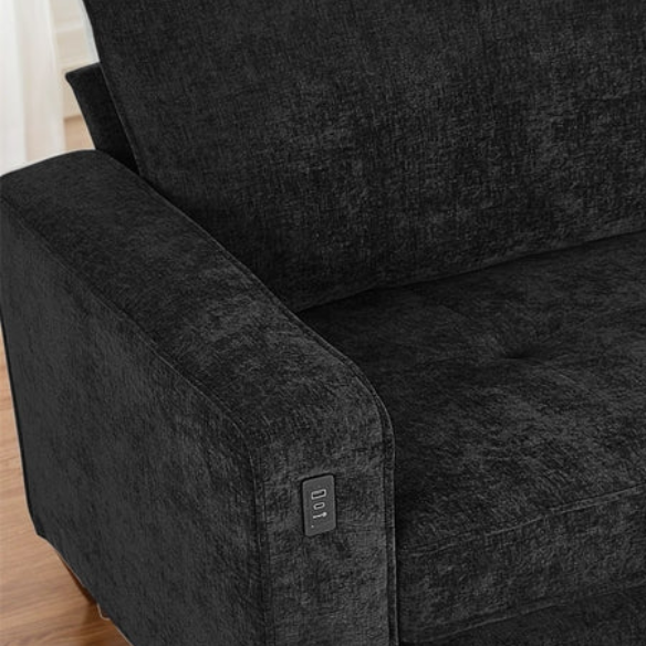 Modern black chenille loveseat with tufted back, square arms, wood legs, USB charging ports, and removable cushions—perfect for contemporary or transitional interiors