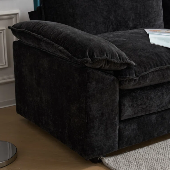 Black chenille modular cloud sofa with deep foam cushions, pillow top arms, and matching ottoman