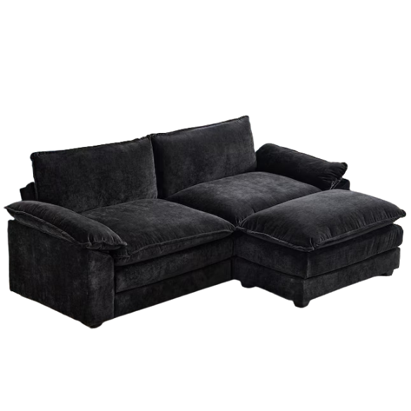 Black chenille modular cloud sofa with deep foam cushions, pillow top arms, and matching ottoman