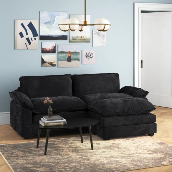 Black chenille modular cloud sofa with deep foam cushions, pillow top arms, and matching ottoman