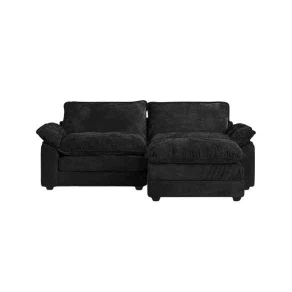 Black chenille modular cloud sofa with deep foam cushions, pillow top arms, and matching ottoman