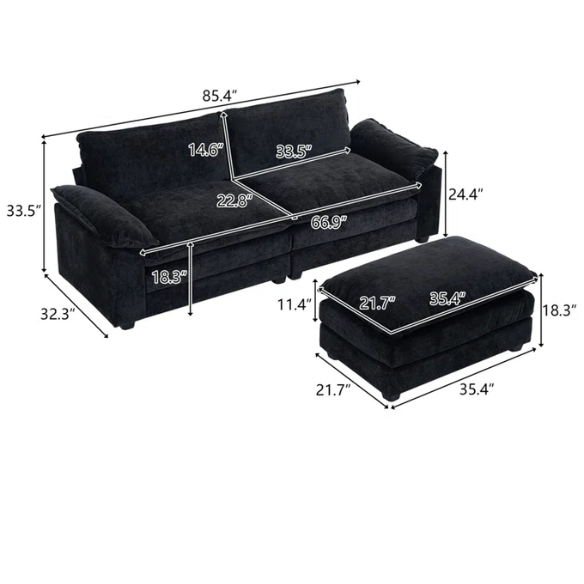 Black chenille modular cloud sofa with deep foam cushions, pillow top arms, and matching ottoman