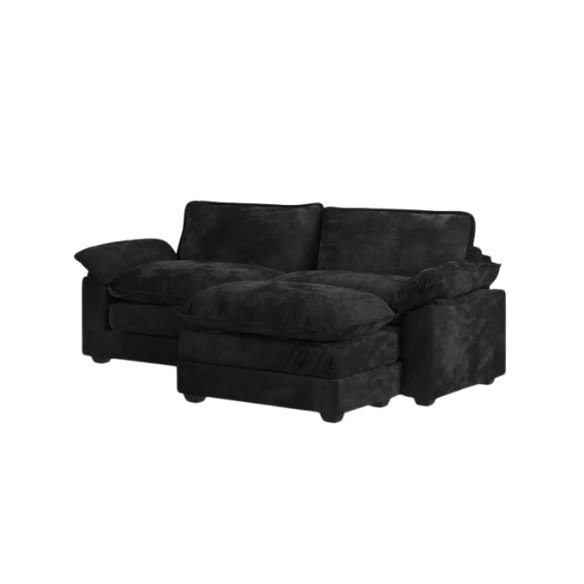 Black chenille modular cloud sofa with deep foam cushions, pillow top arms, and matching ottoman