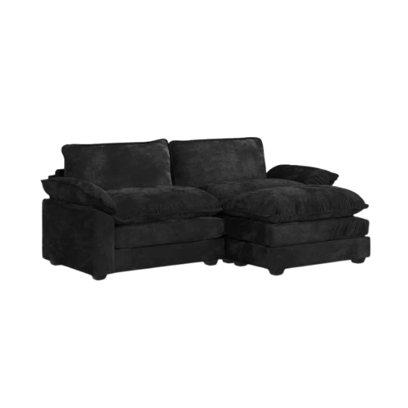 Black chenille modular cloud sofa with deep foam cushions, pillow top arms, and matching ottoman