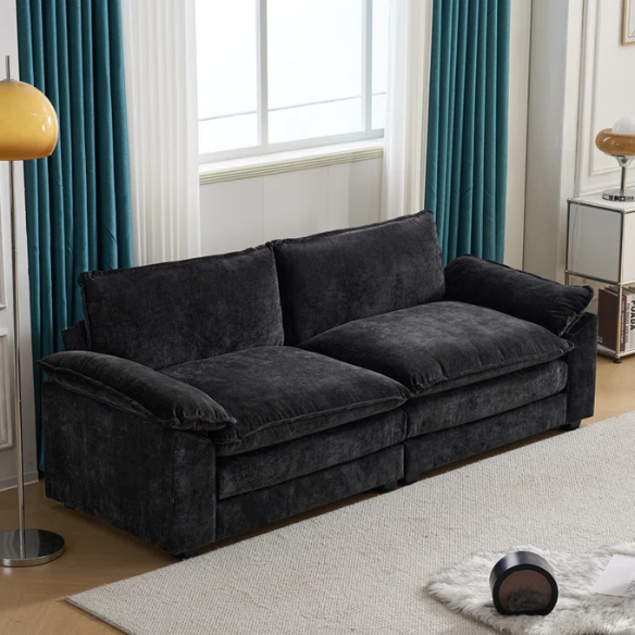 Black chenille modular cloud sofa with deep foam cushions, pillow top arms, and matching ottoman